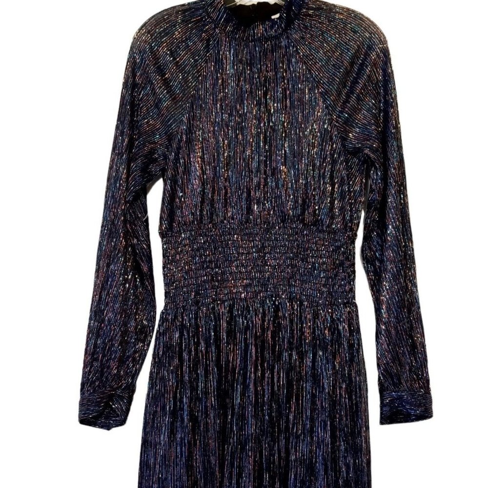FOXIEDOX Navy/Multi-Color Metallic Thread Cocktail Dress  Hi-Low  sz Medium  NWT